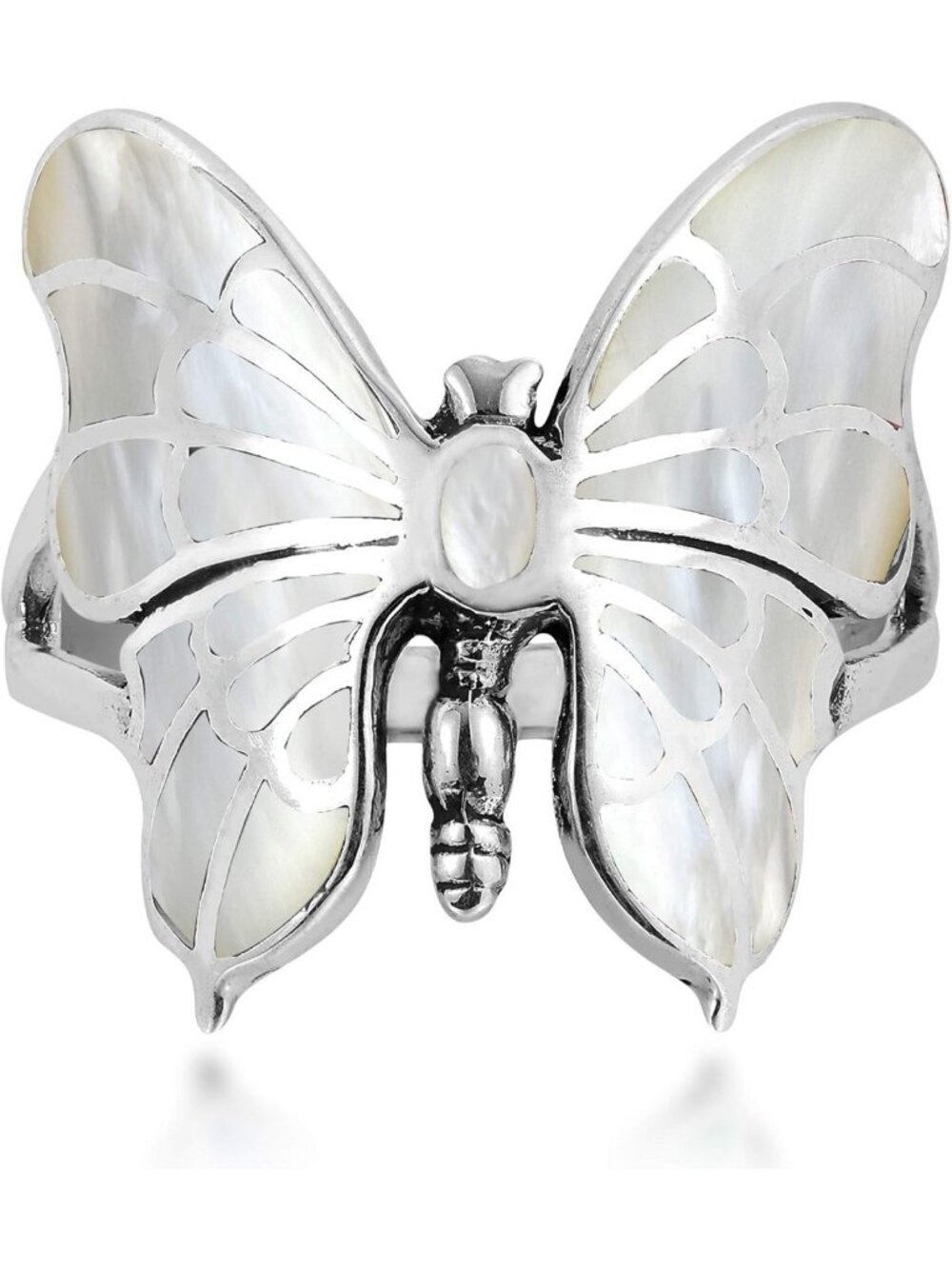 Exotic Butterfly Sterling Silver Ring with White Mother of Pearl Inlay - Sizes